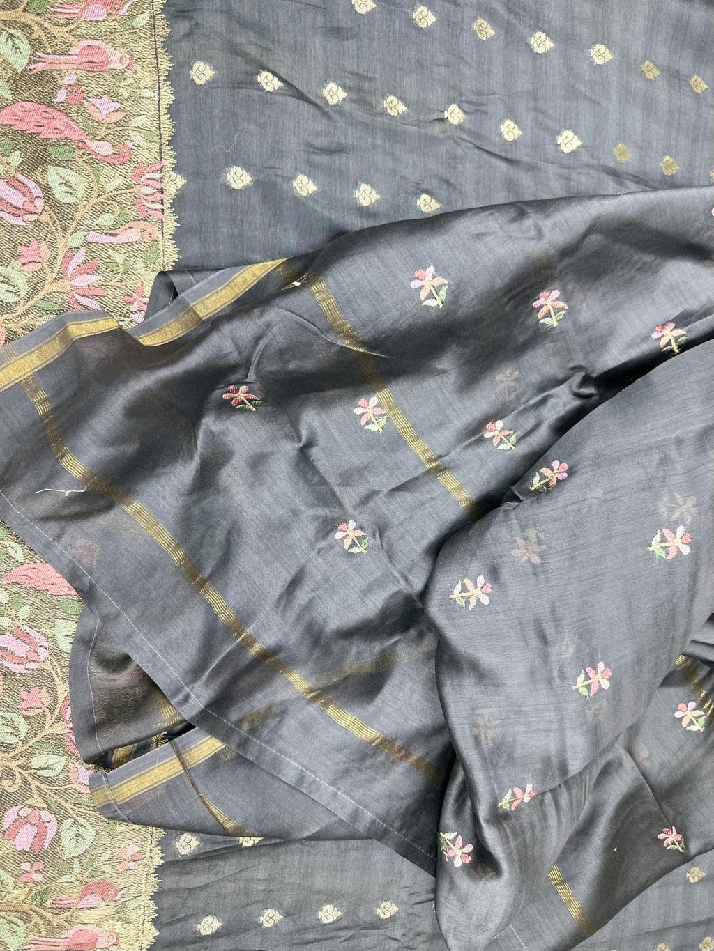 Grey Maheshwari Silk with Zari Boti Parsi Gara Embroidered Border Unstitched Suit - Kalamusk LCA103