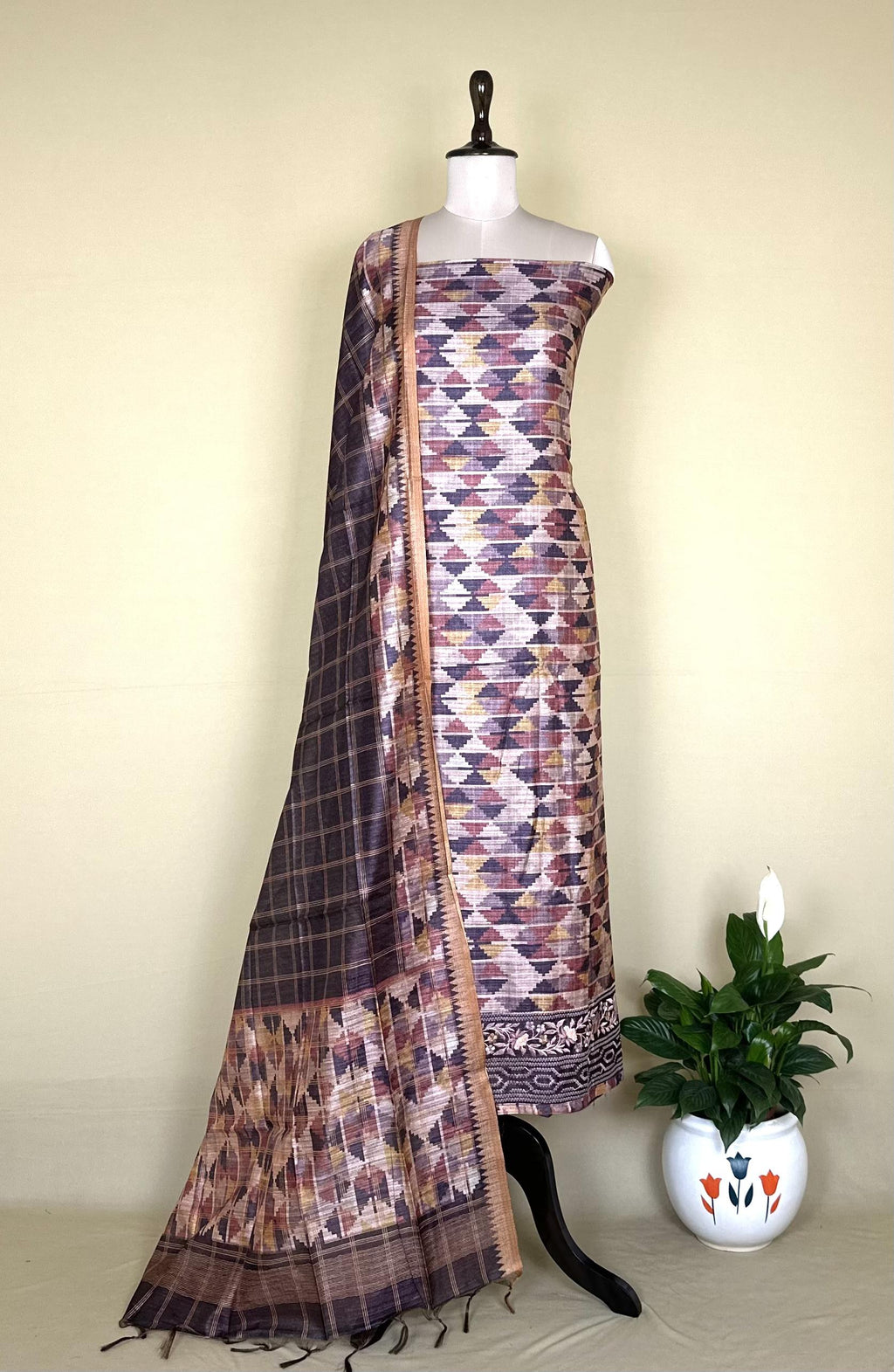 Wine Ikat Print with Embroidered Border Unstitched Suit - Kalamusk LCA104 image 2