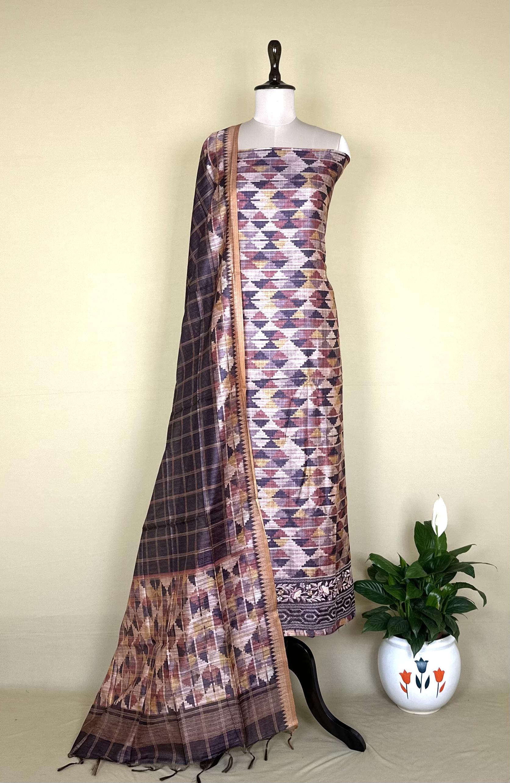 Wine Ikat Print with Embroidered Border Unstitched Suit - Kalamusk LCA104 image 2