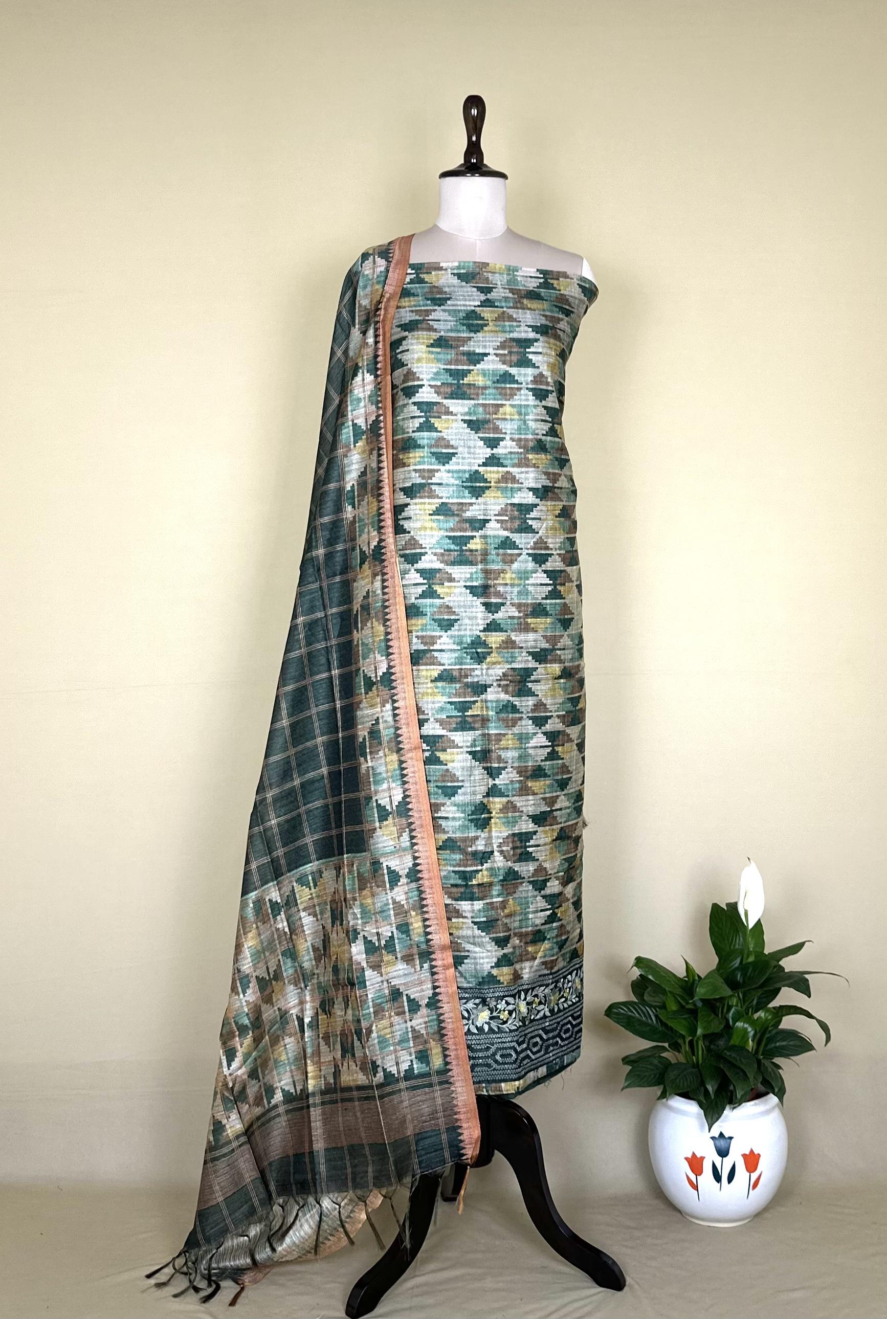 Bottle Green Ikat Print with Embroidered Border Unstitched Suit - Kalamusk LCA105