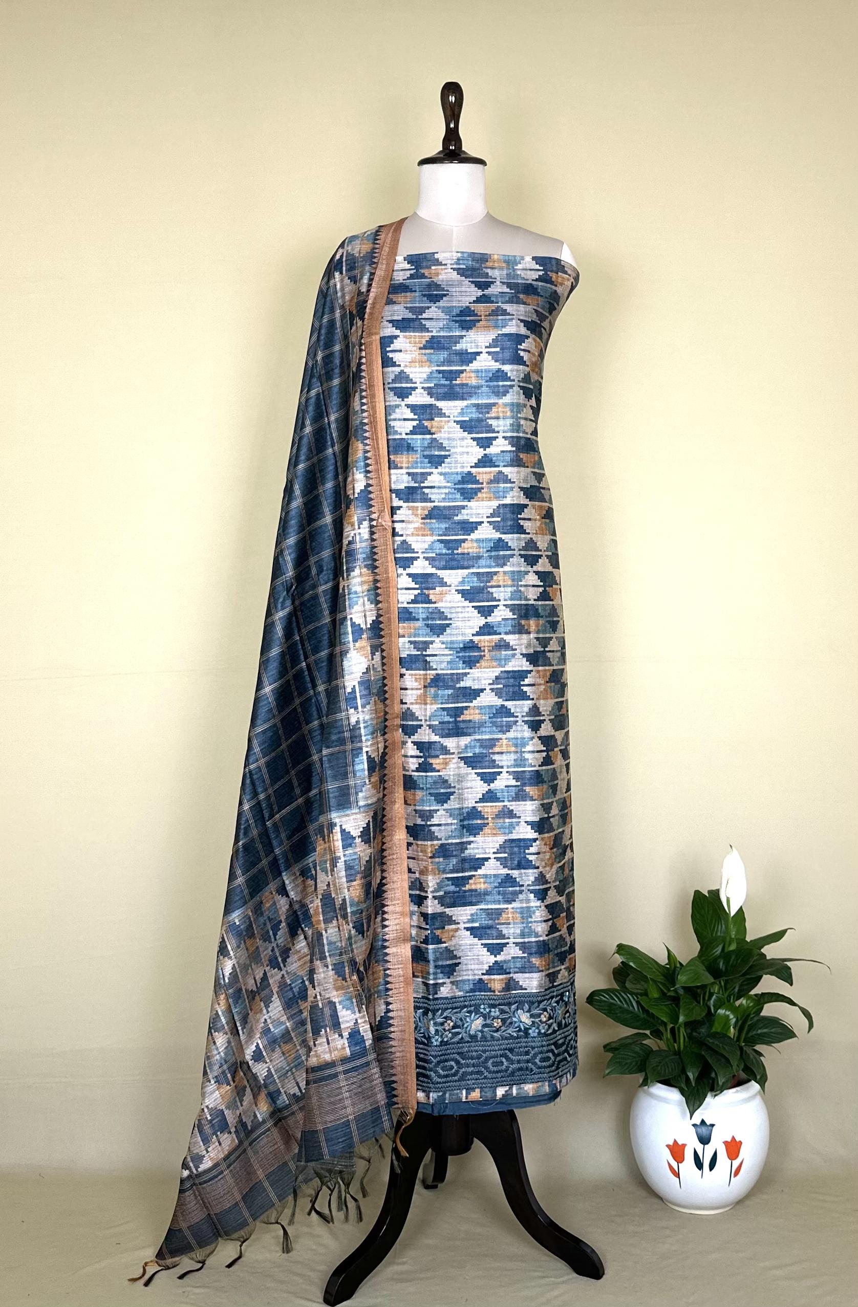 Grey Ikat Print with Embroidered Border Unstitched Suit - Kalamusk