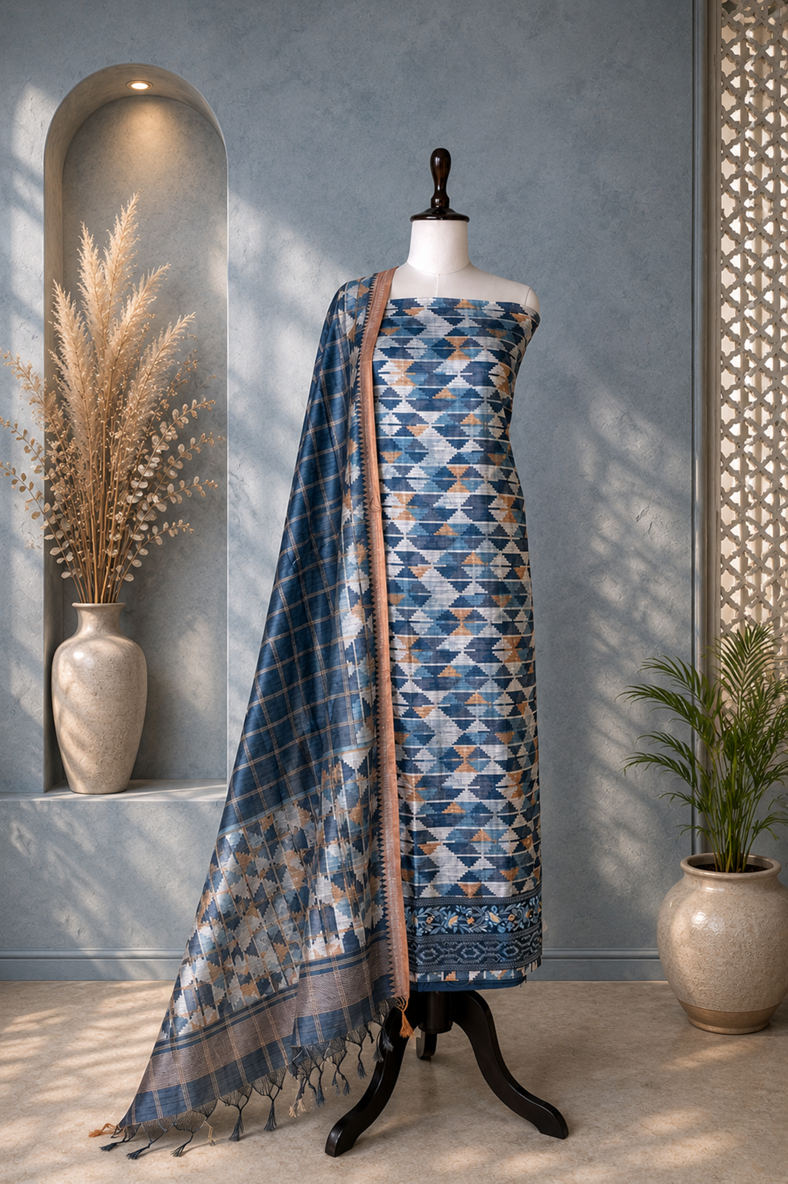 Grey Ikat Print with Embroidered Border Unstitched Suit