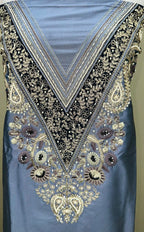 Grey Burberry Silk Zardozi Bead Golden Thread Work with Banarsi Border Unstitched Suit