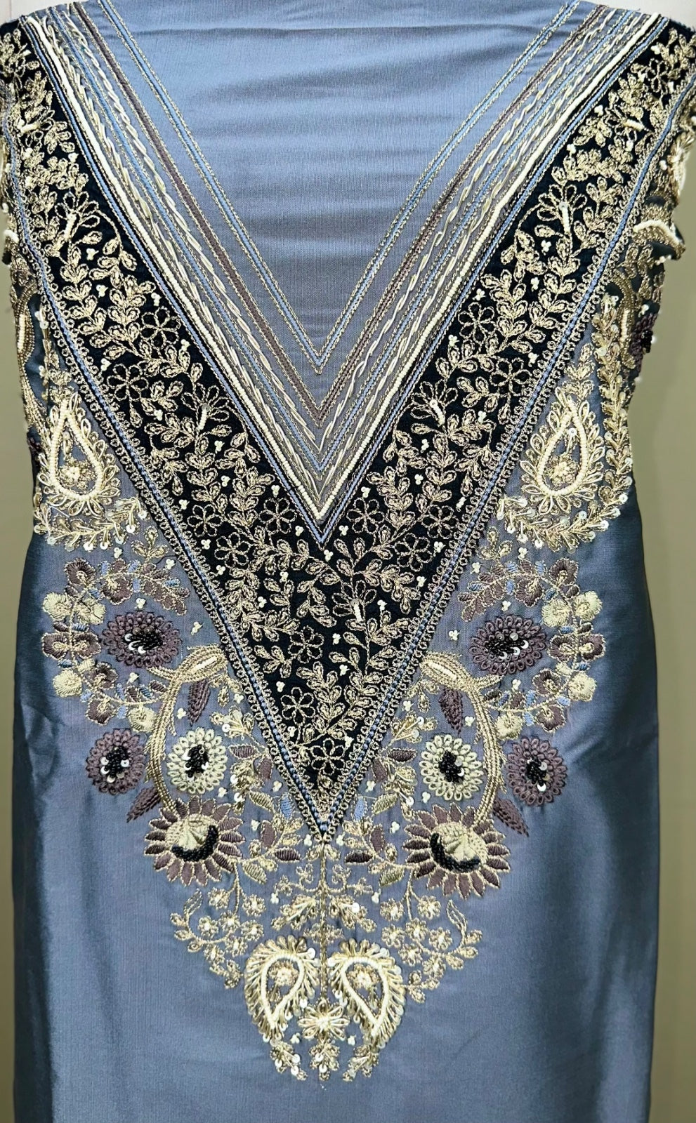Grey Burberry Silk Zardozi Bead Golden Thread Work with Banarsi Border Unstitched Suit