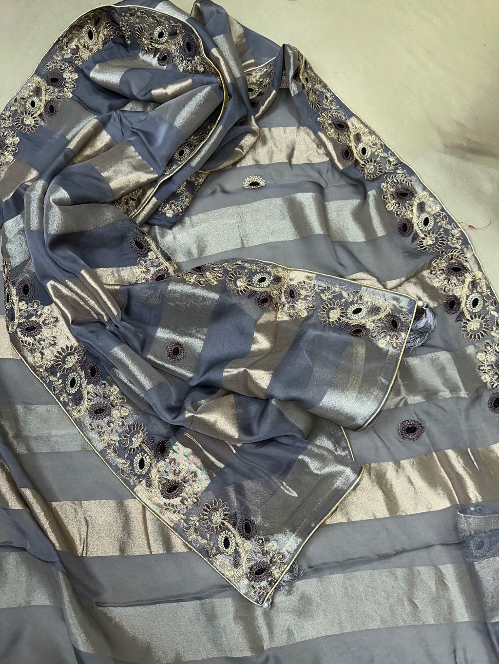 Grey Burberry Silk Zardozi Bead Golden Thread Work with Banarsi Border Unstitched Suit