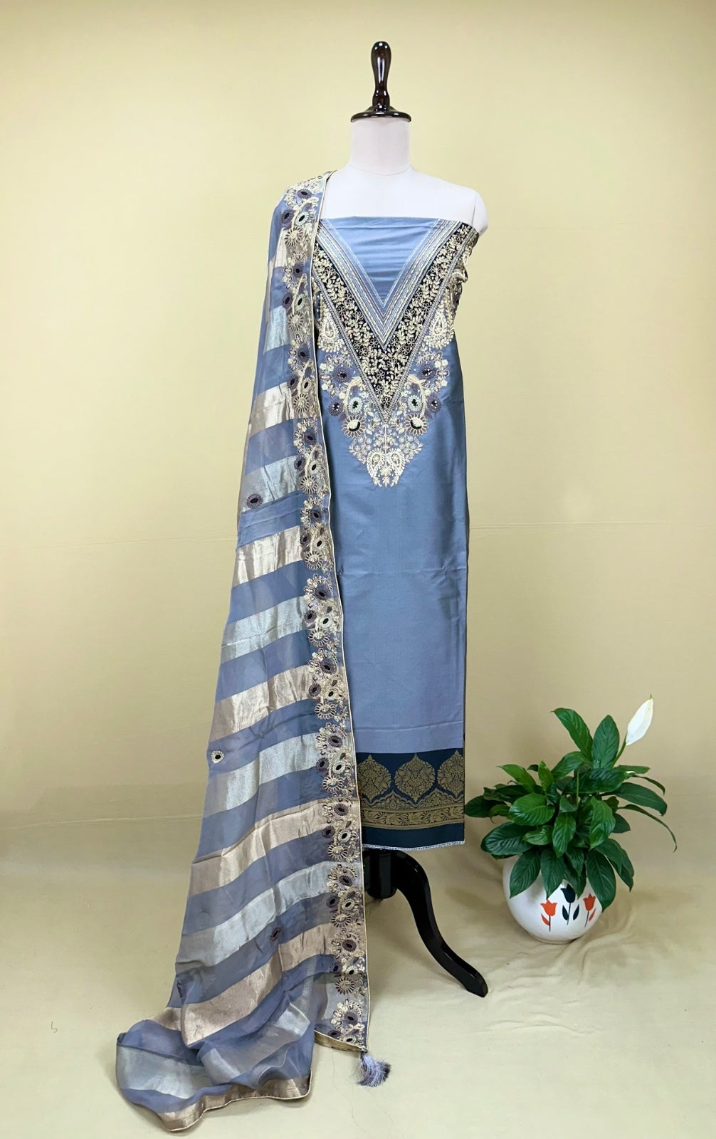 Grey Burberry Silk Zardozi Bead Golden Thread Work with Banarsi Border Unstitched Suit