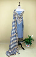 Grey Burberry Silk Zardozi Bead Golden Thread Work with Banarsi Border Unstitched Suit