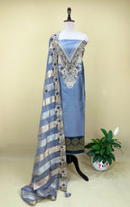 Grey Burberry Silk Zardozi Bead Golden Thread Work with Banarsi Border Unstitched Suit