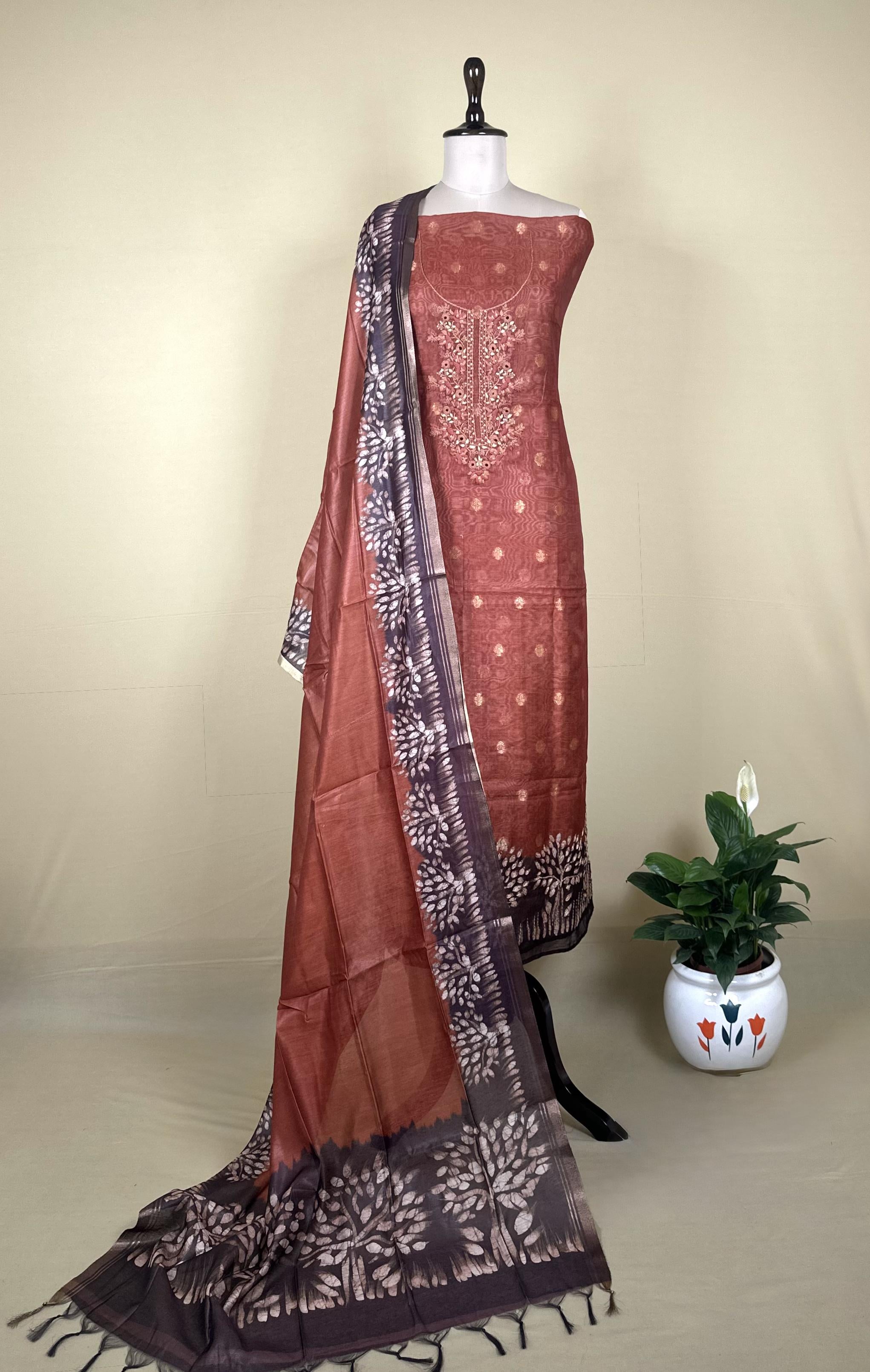 Rust Hand Embroidered Kora Chanderi with Zari Buti Unstitched Suit - Kalamusk RCA107