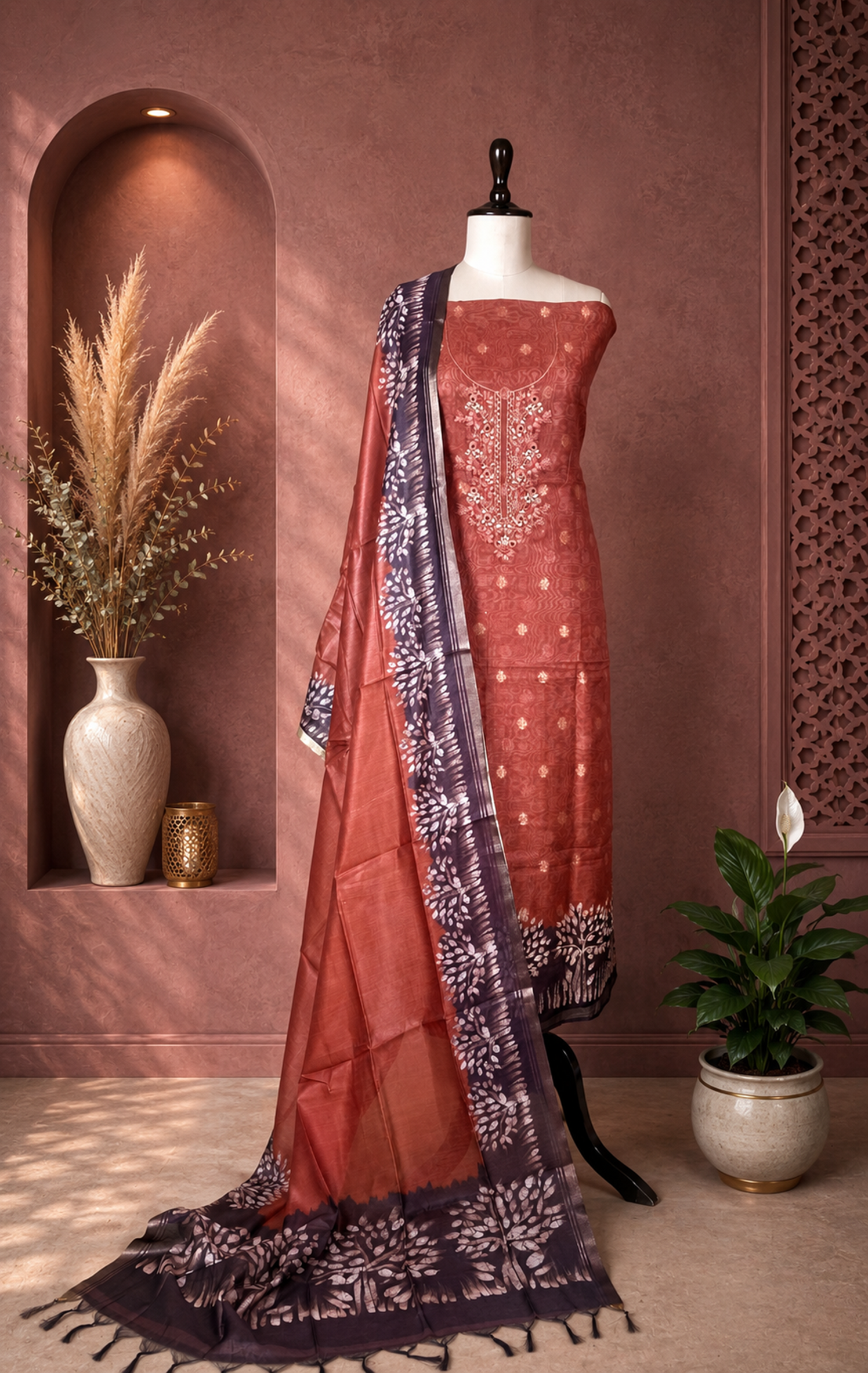 Rust Hand Embroidered Kora Chanderi with Zari Buti Unstitched Suit