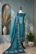 Teal Green Hand Embroidered Kora Chanderi with Zari Buti Unstitched Suit