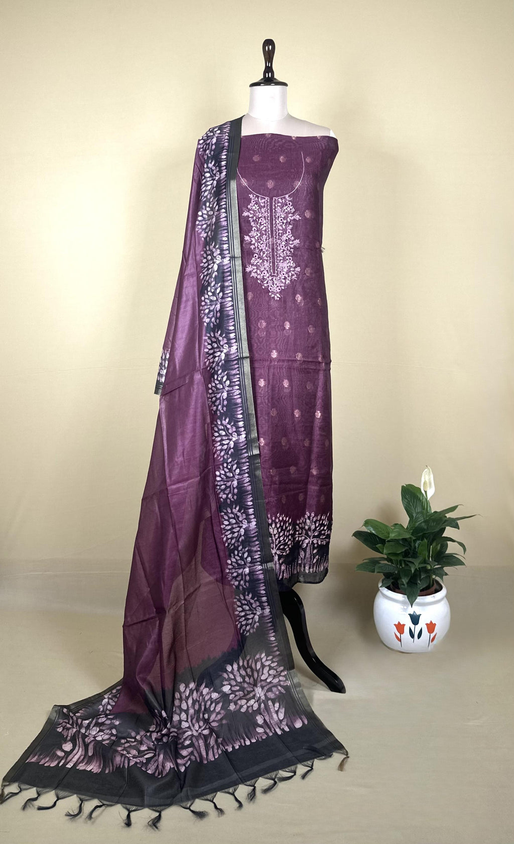 Wine Hand Embroidered Kora Chanderi with Zari Buti Unstitched Suit - Kalamusk RCA109 image 2