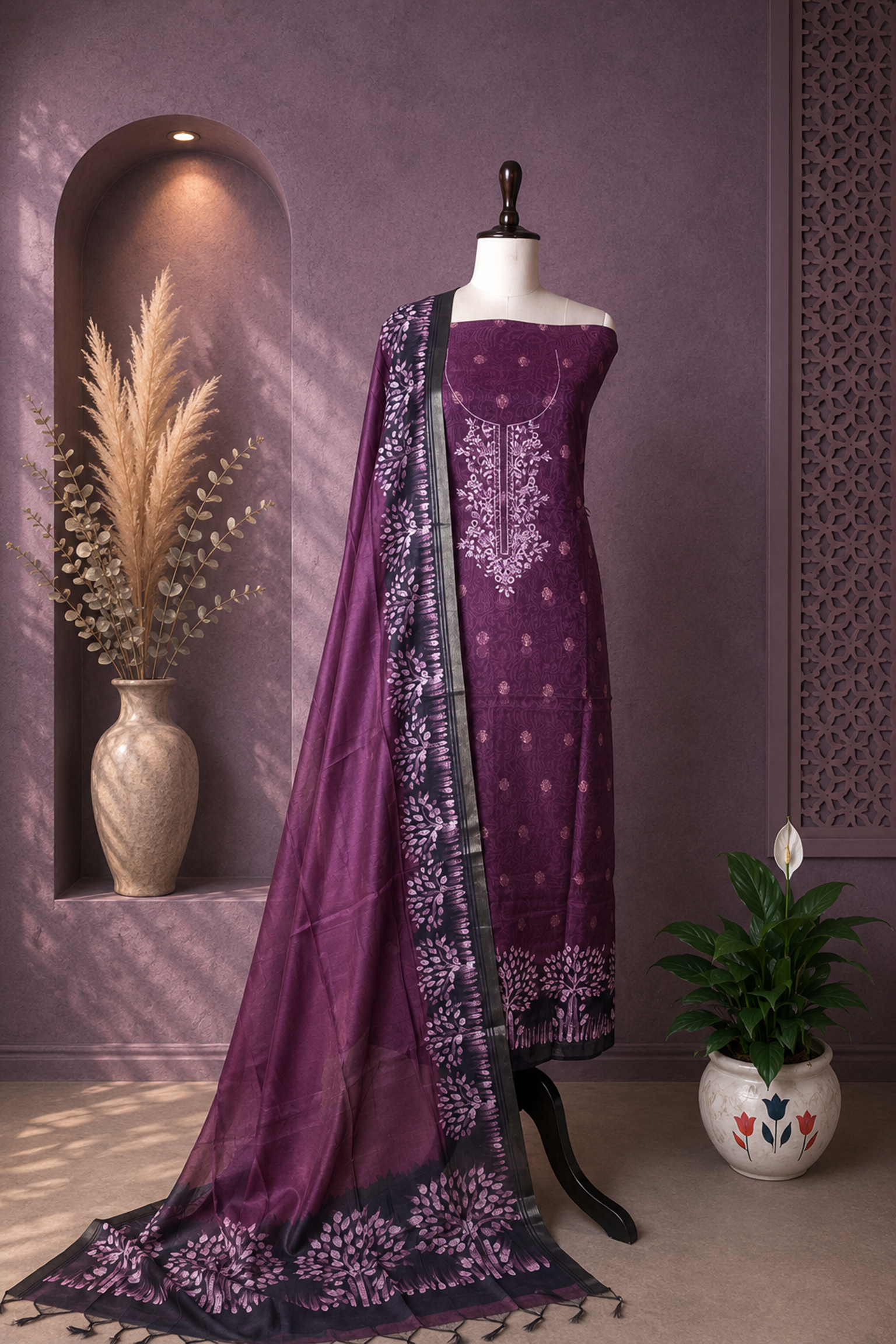 Wine Hand Embroidered Kora Chanderi with Zari Buti Unstitched Suit