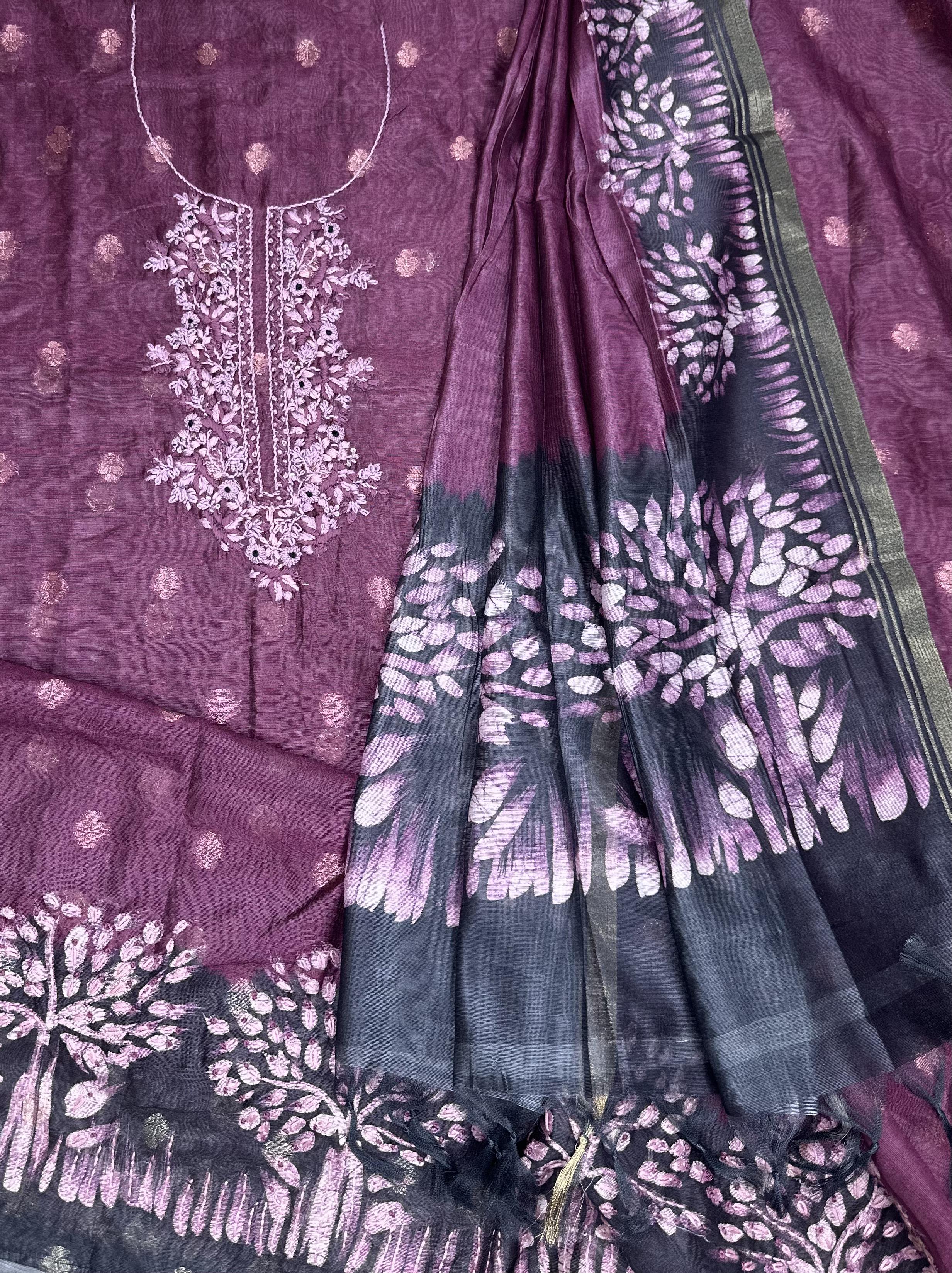 Wine Hand Embroidered Kora Chanderi with Zari Buti Unstitched Suit - Kalamusk RCA109