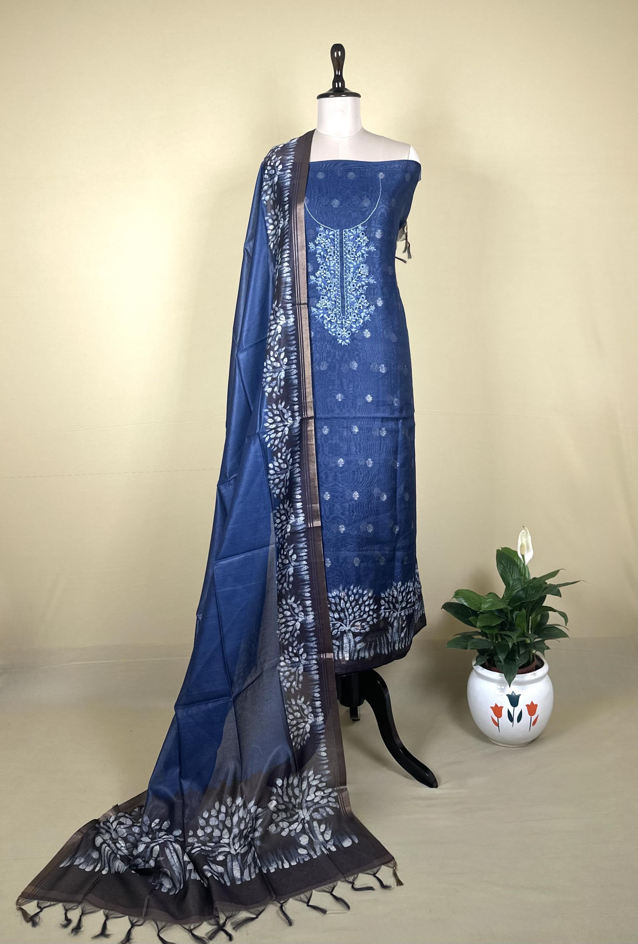 Indigo Blue Hand Embroidered Kora Chanderi with Zari Buti Unstitched Suit - Kalamusk RCA110