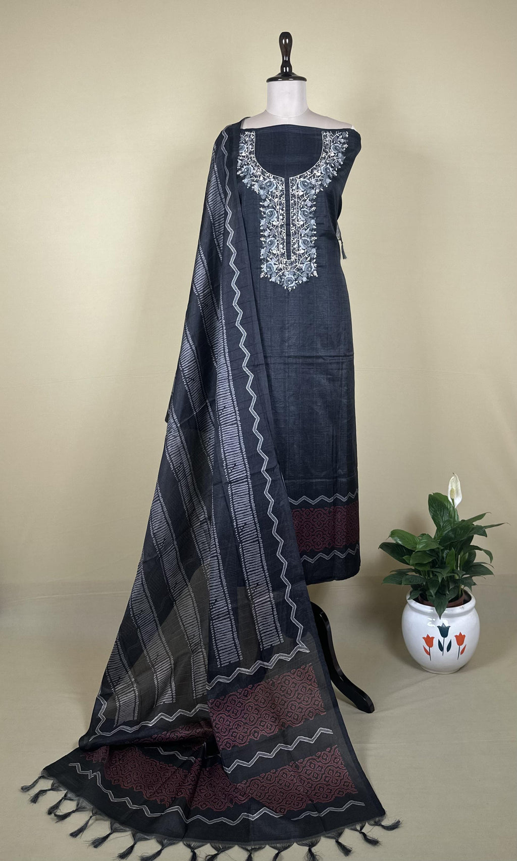 Black Hand Embroidered Kora Chanderi Unstitched Suit - Kalamusk