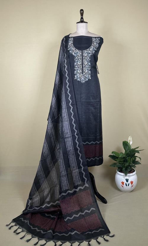 Black Hand Embroidered Kora Chanderi Unstitched Suit - Kalamusk