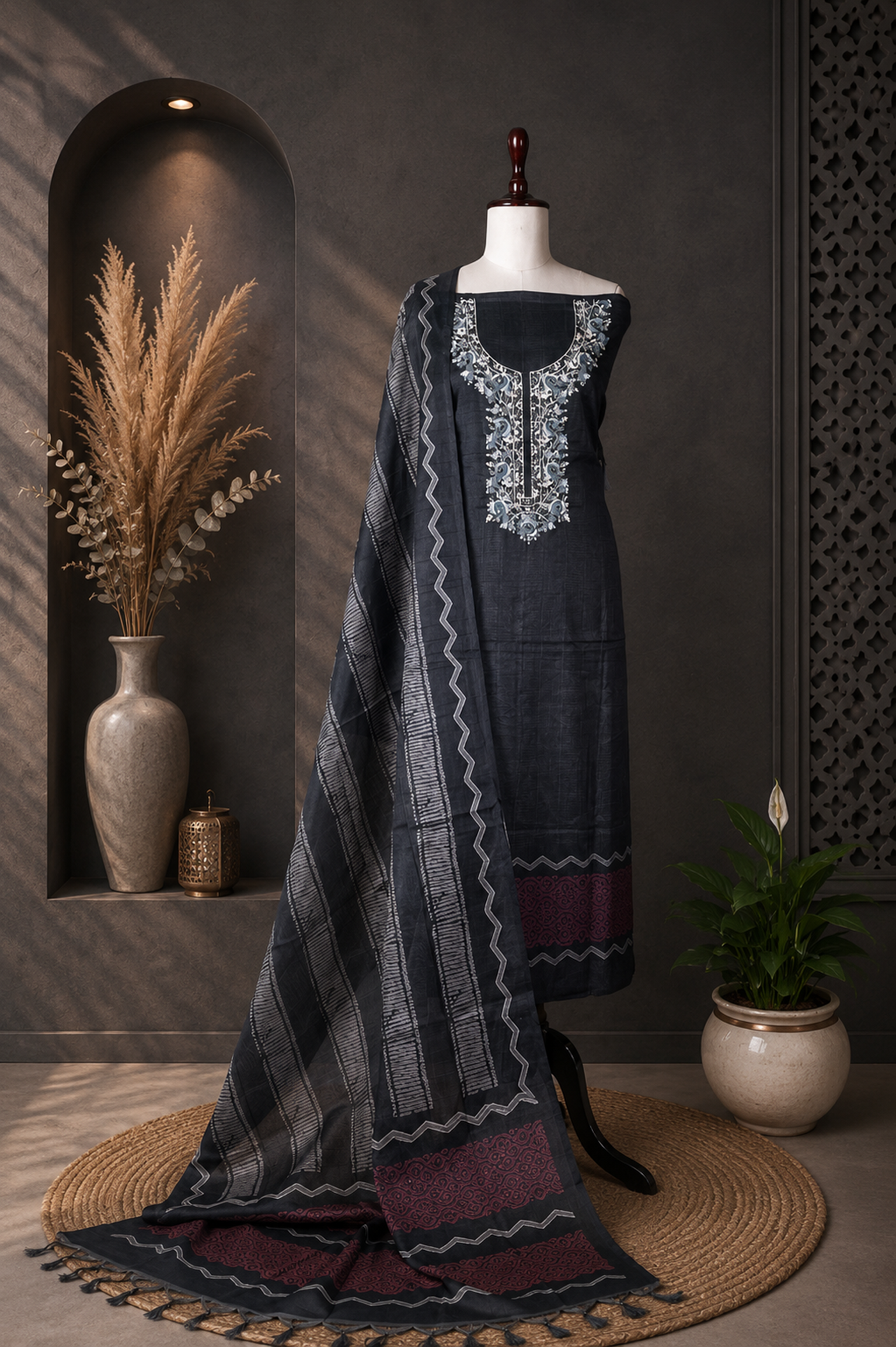 Black Hand Embroidered Kora Chanderi Unstitched Suit