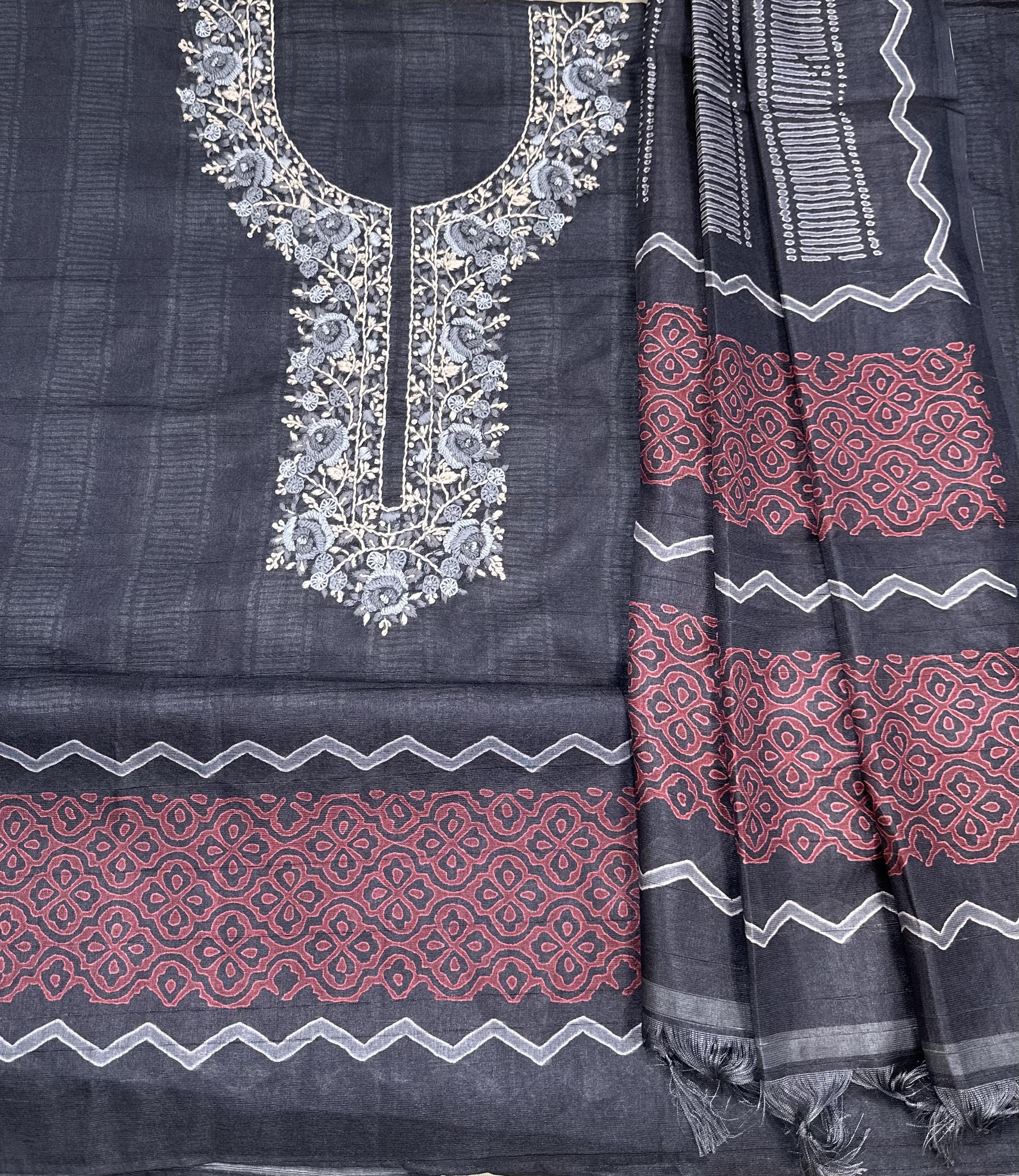 Black Hand Embroidered Kora Chanderi Unstitched Suit - Kalamusk RCA112