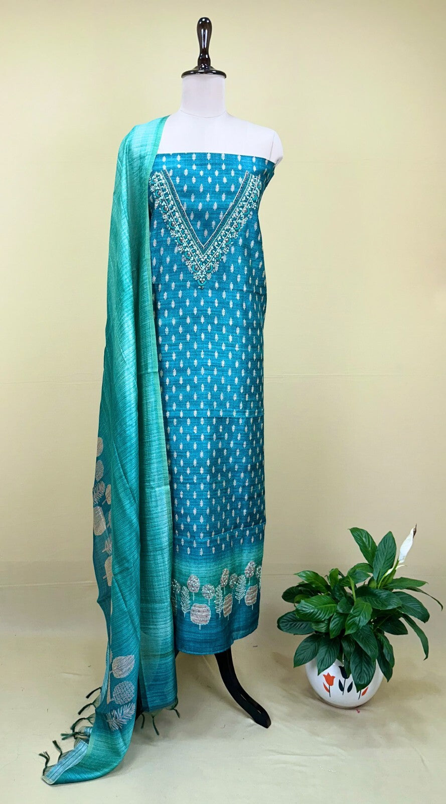 Turquoise Blue Printed Chanderi Silk Hand Embroidered Unstitched Suit