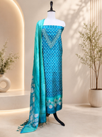 Turquoise Blue Printed Chanderi Silk Hand Embroidered Unstitched Suit