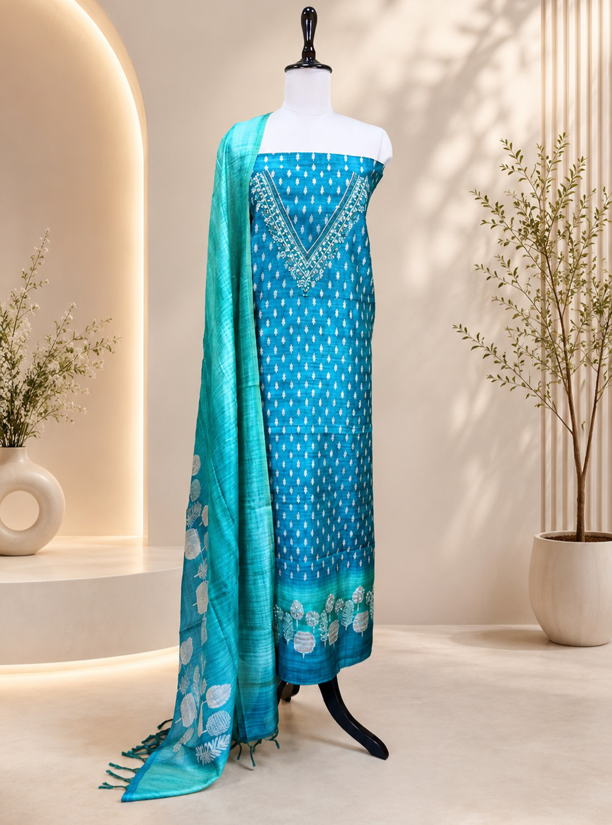 Turquoise Blue Printed Chanderi Silk Hand Embroidered Unstitched Suit
