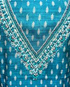 Turquoise Blue Printed Chanderi Silk Hand Embroidered Unstitched Suit