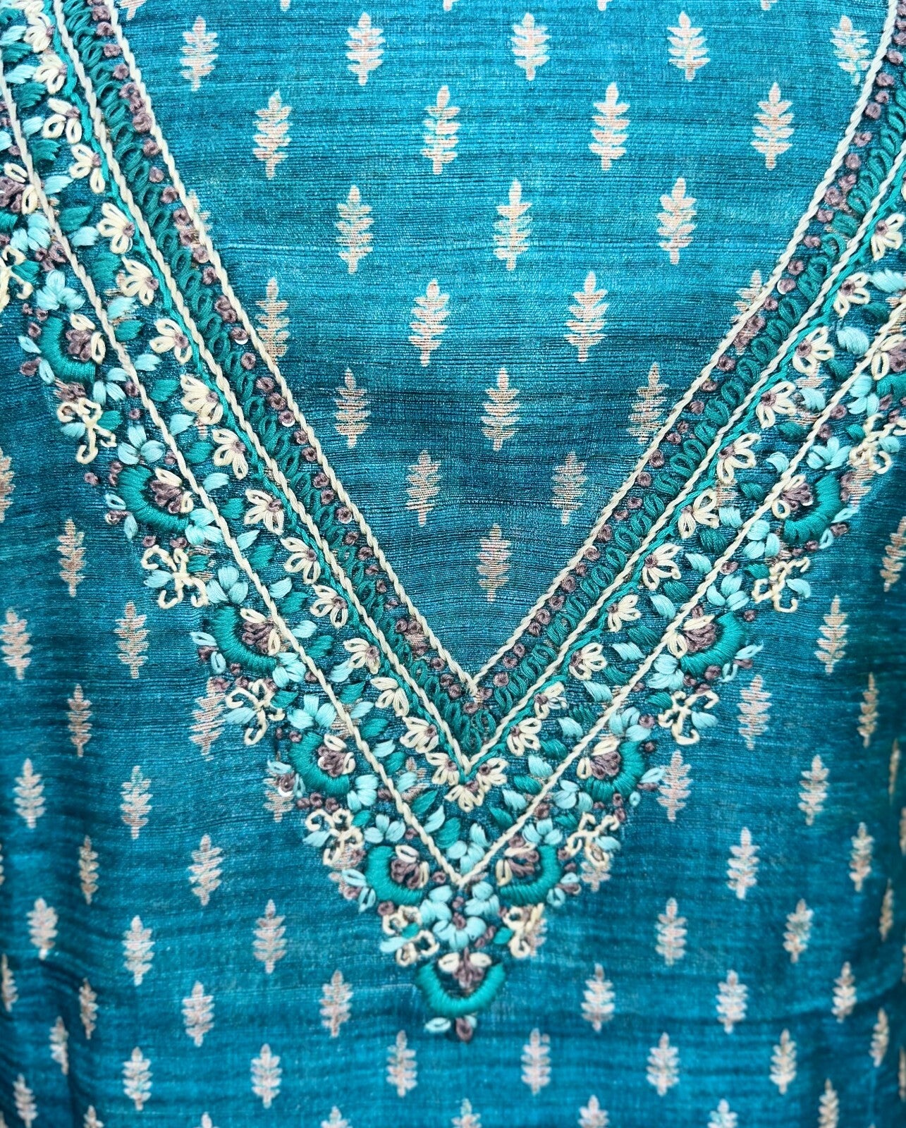Turquoise Blue Printed Chanderi Silk Hand Embroidered Unstitched Suit