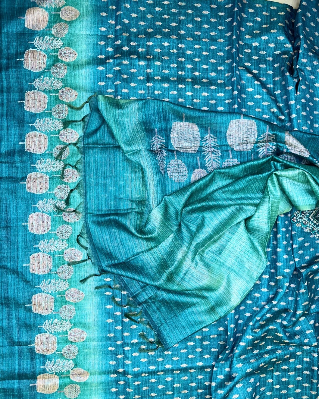 Turquoise Blue Printed Chanderi Silk Hand Embroidered Unstitched Suit