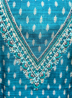Turquoise Blue Printed Chanderi Silk Hand Embroidered Unstitched Suit