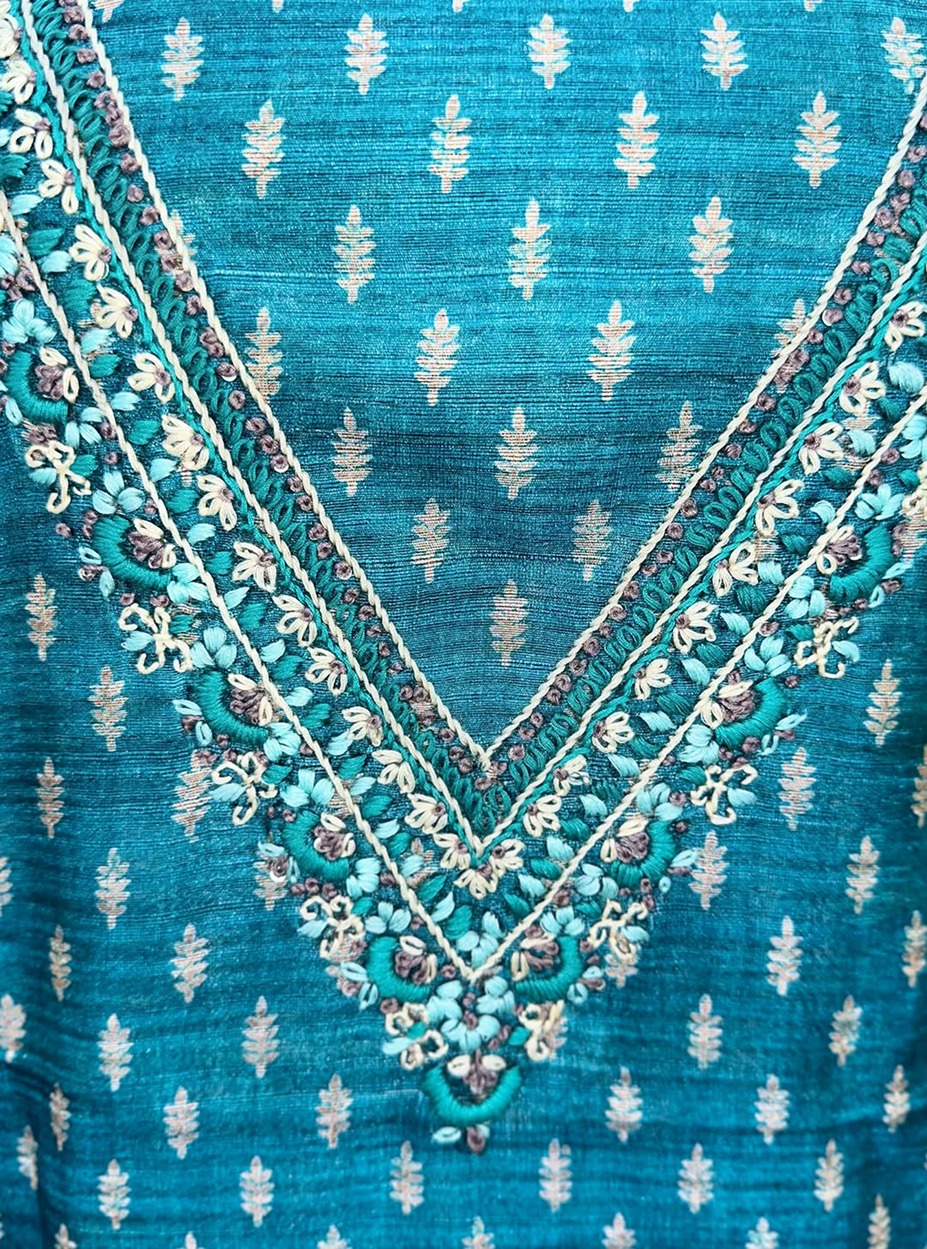 Turquoise Blue Printed Chanderi Silk Hand Embroidered Unstitched Suit