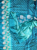 Turquoise Blue Printed Chanderi Silk Hand Embroidered Unstitched Suit