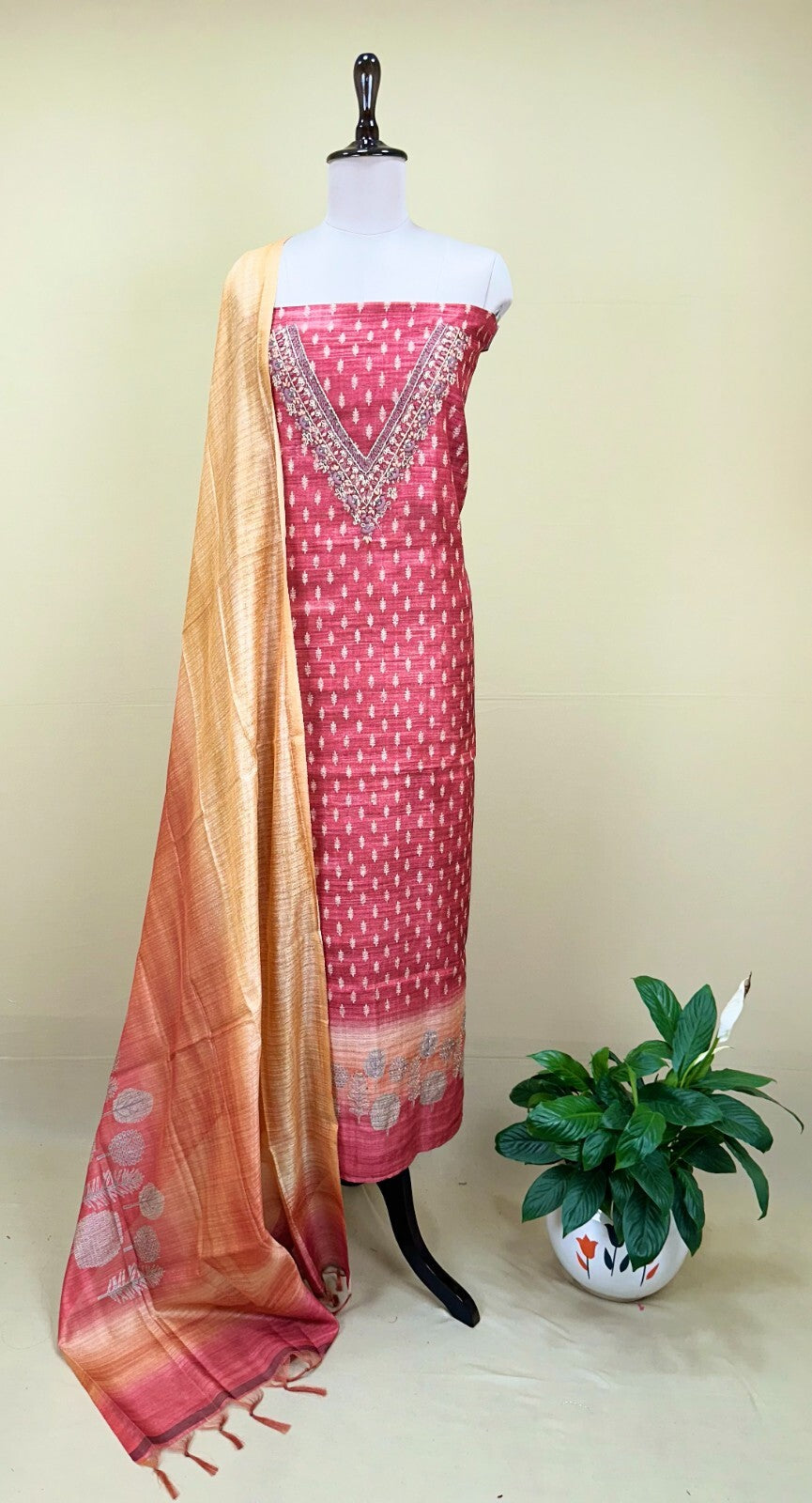 Maroon Printed Chanderi Silk Hand Embroidered Unstitched Suit