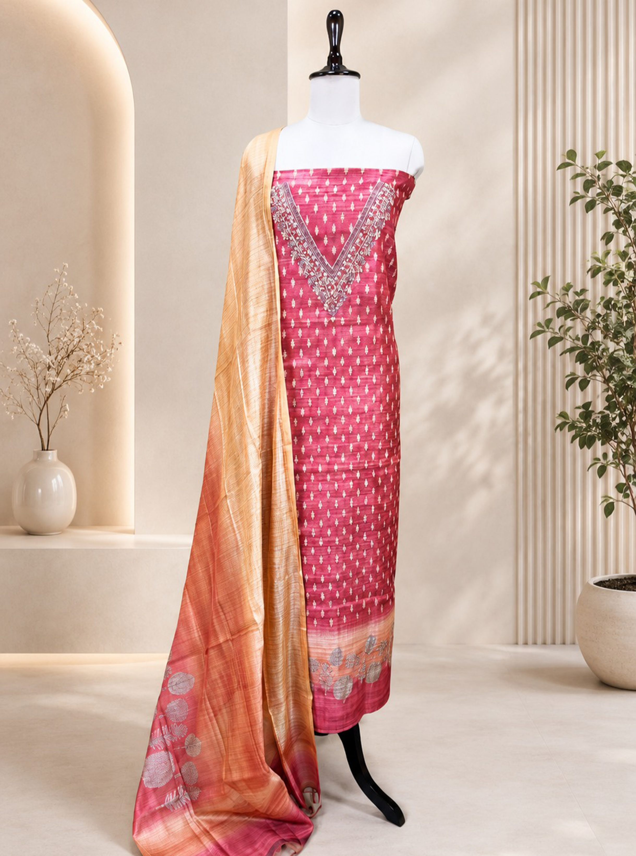 Maroon Printed Chanderi Silk Hand Embroidered Unstitched Suit
