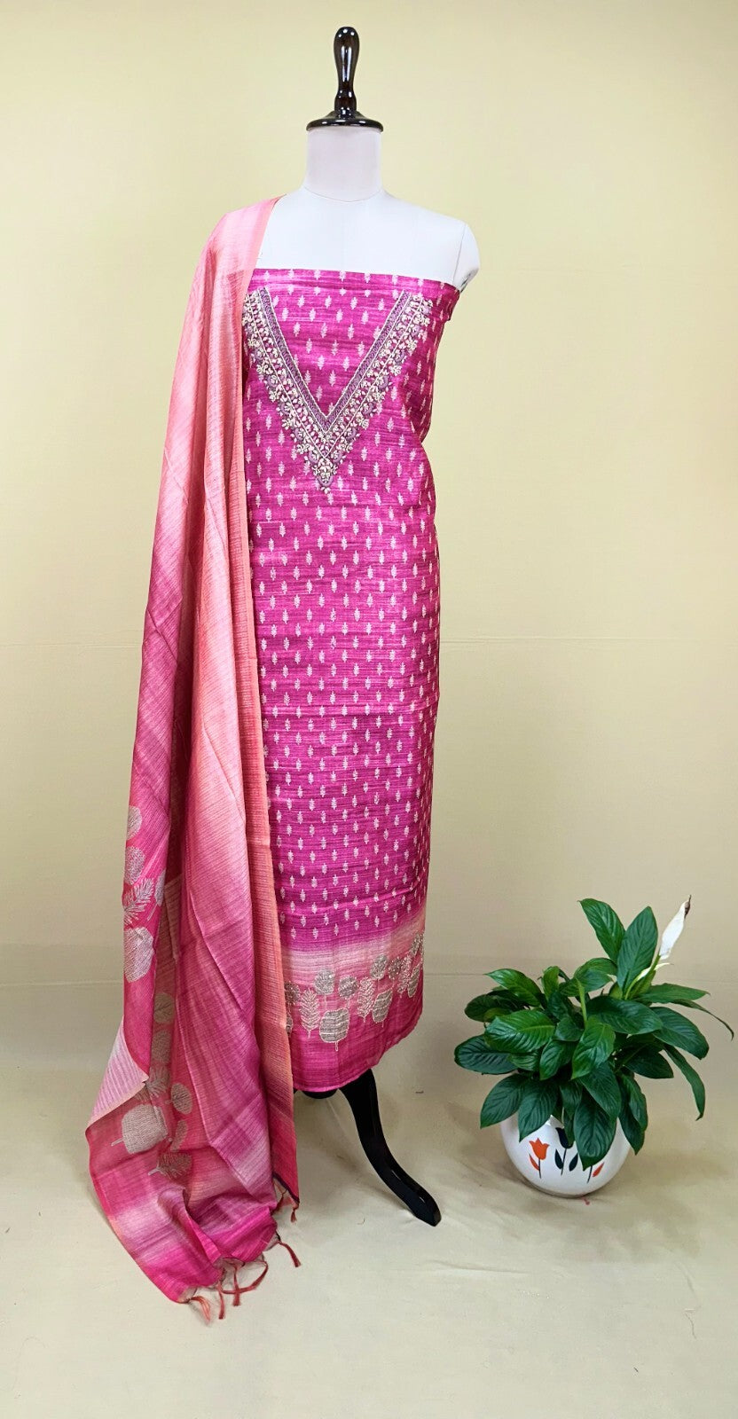 Pink Printed Chanderi Silk Hand Embroidered Unstitched Suit