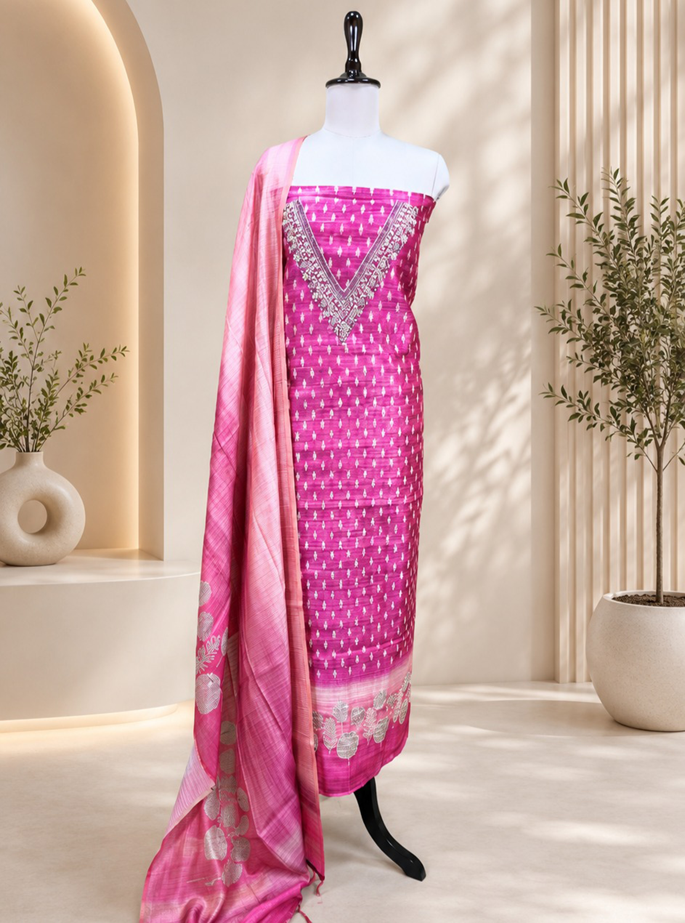 Pink Printed Chanderi Silk Hand Embroidered Unstitched Suit