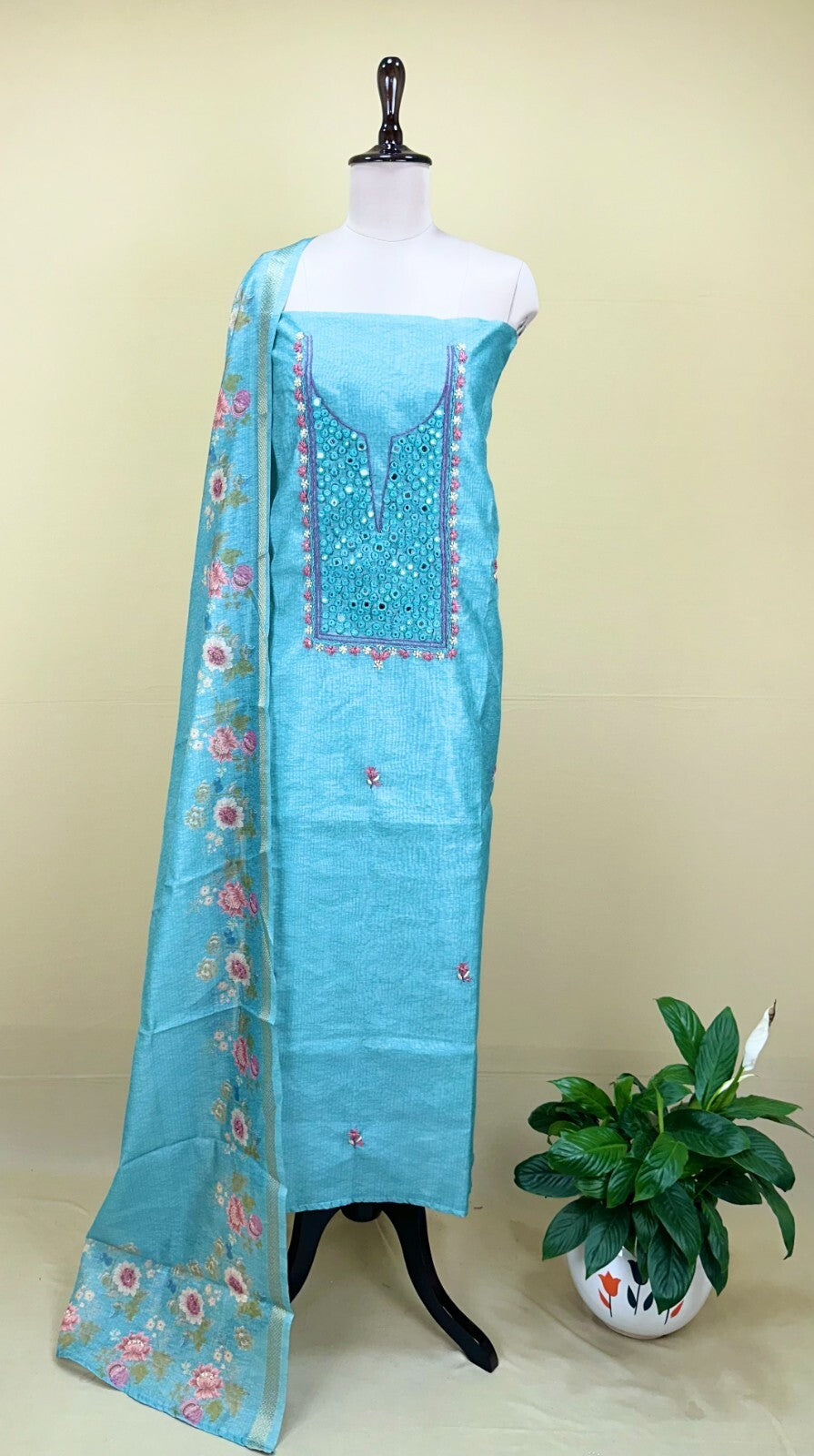Turquoise Green Printed Hand Embroidery with Mirror Work Unstitched Suit