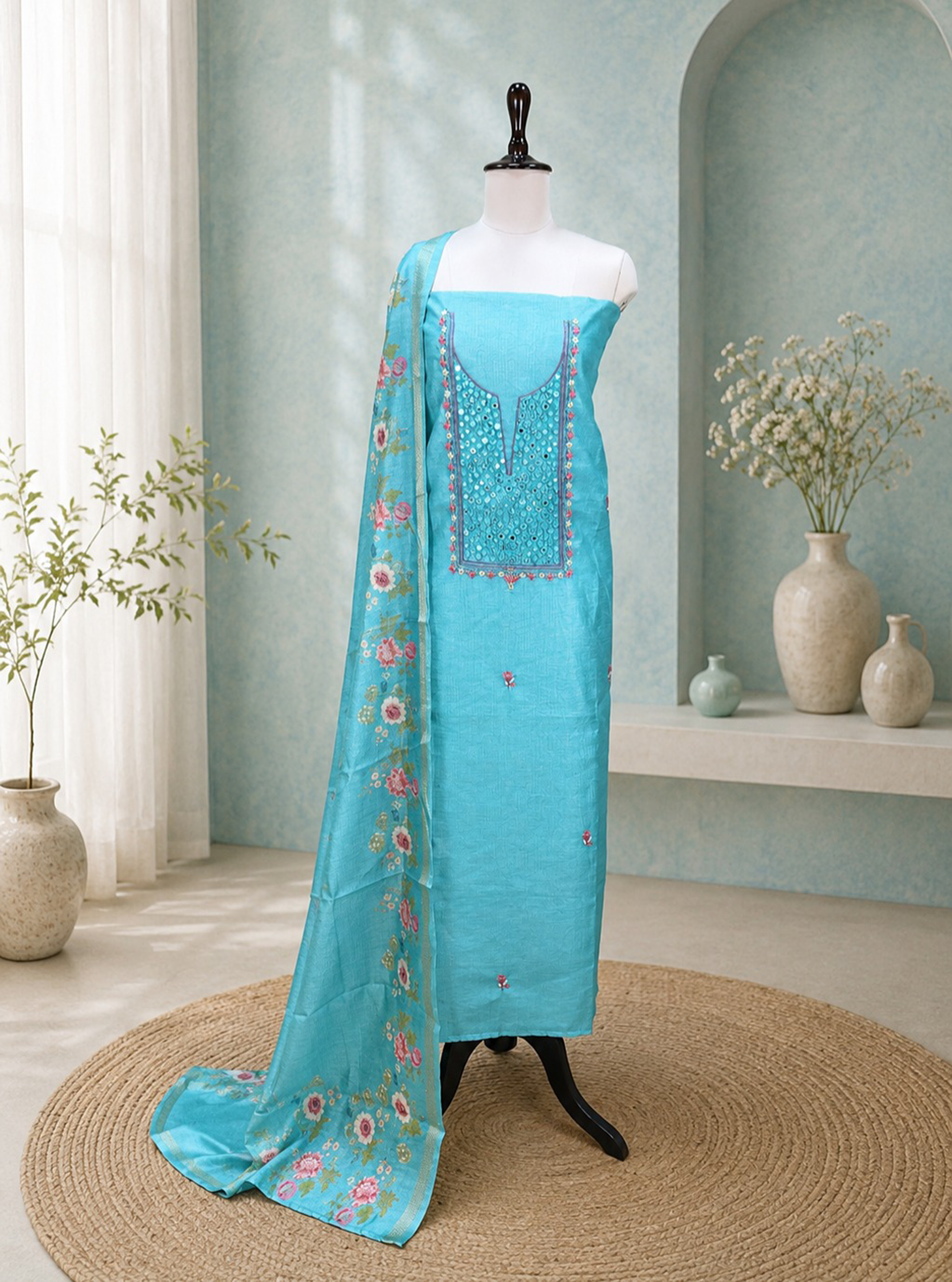 Turquoise Green Printed Hand Embroidery with Mirror Work Unstitched Suit