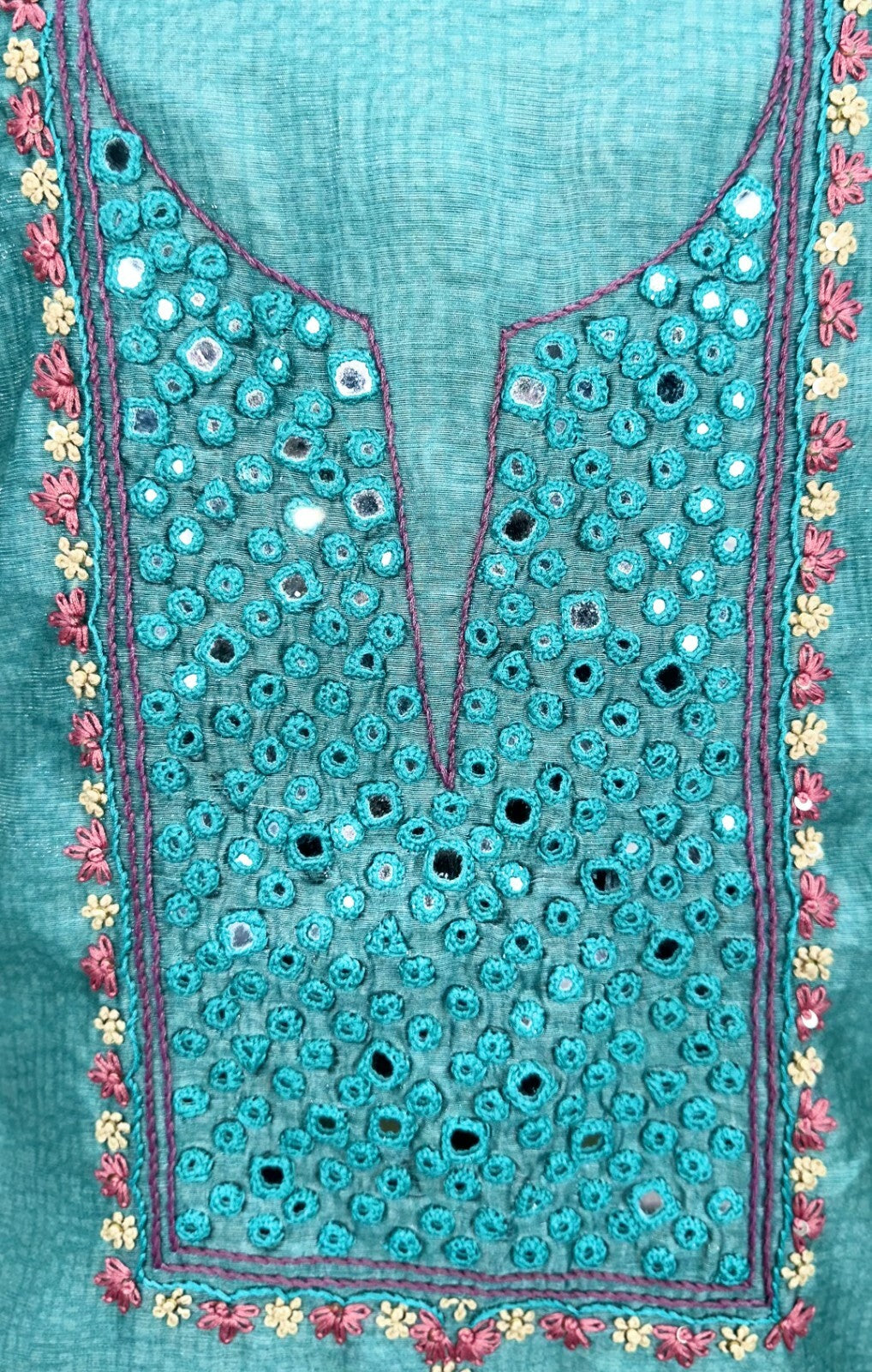 Turquoise Green Printed Hand Embroidery with Mirror Work Unstitched Suit