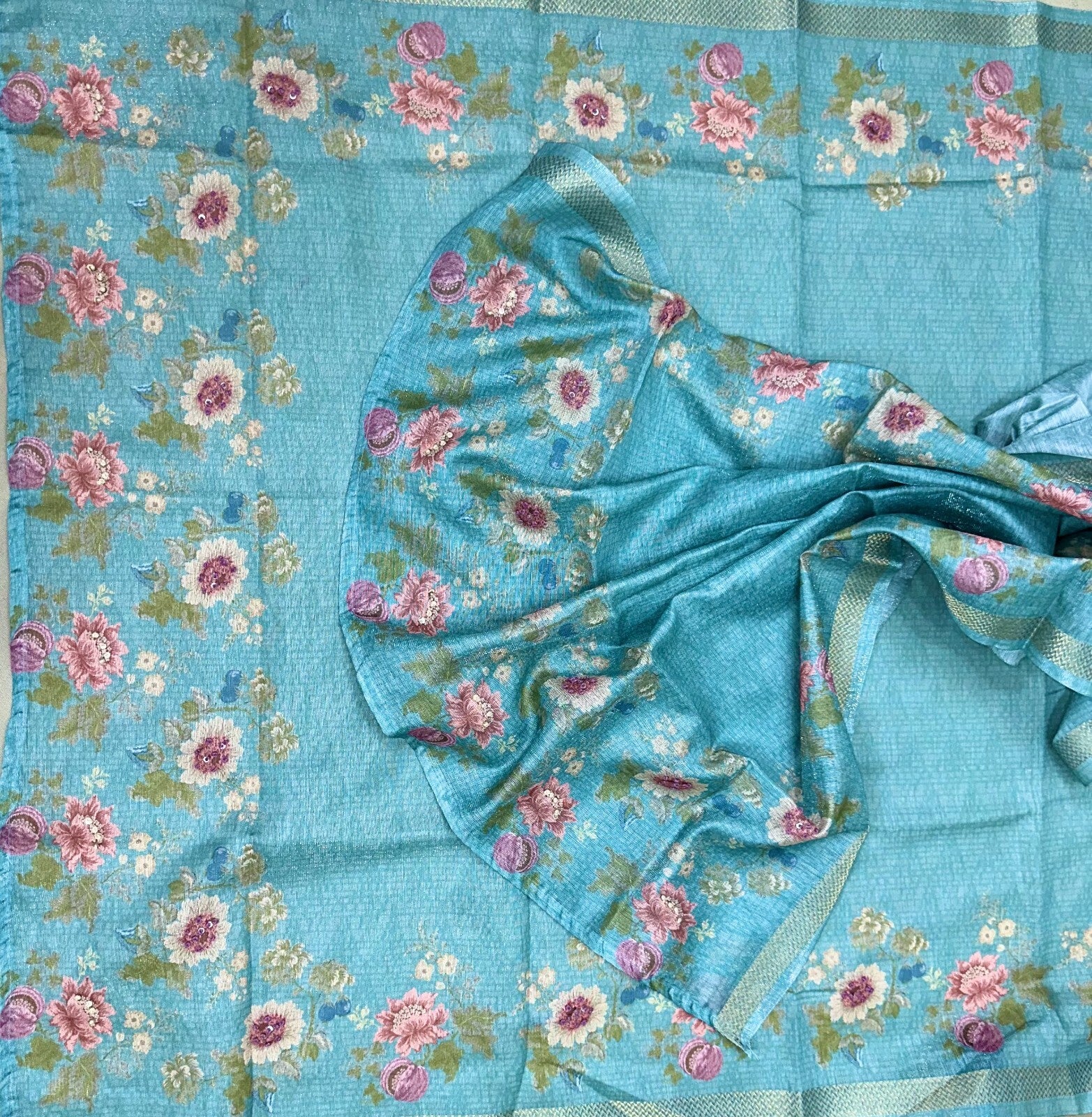 Turquoise Green Printed Hand Embroidery with Mirror Work Unstitched Suit