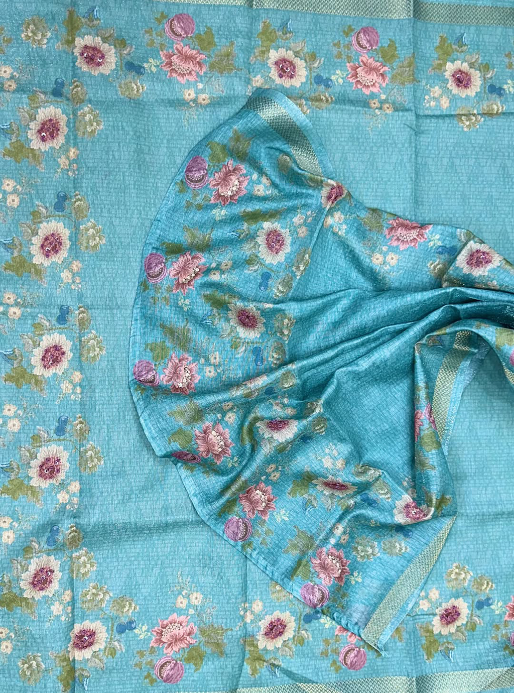 Turquoise Green Printed Hand Embroidery with Mirror Work Unstitched Suit