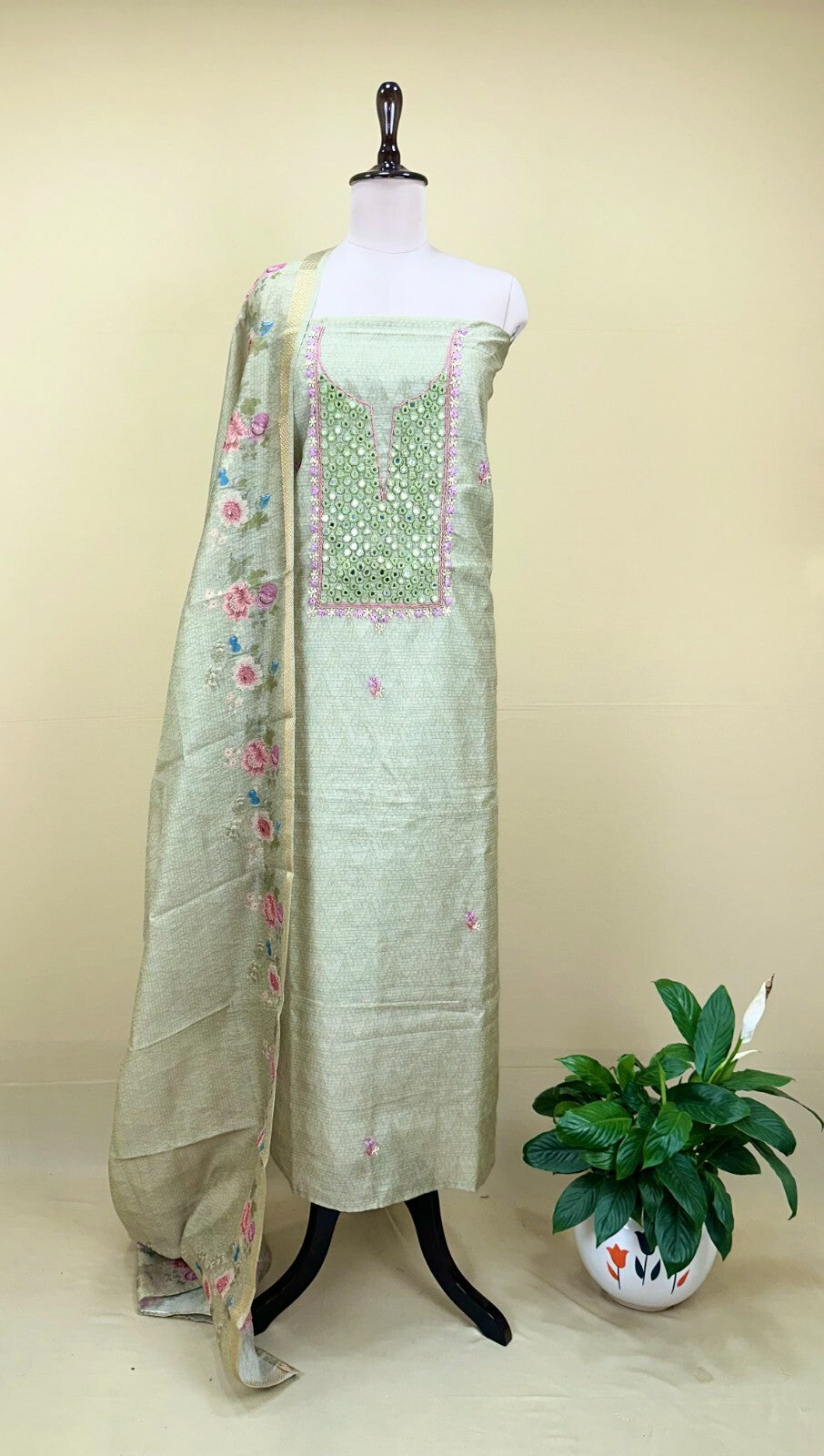 Olive Green Printed Hand Embroidery with Mirror Work Unstitched Suit