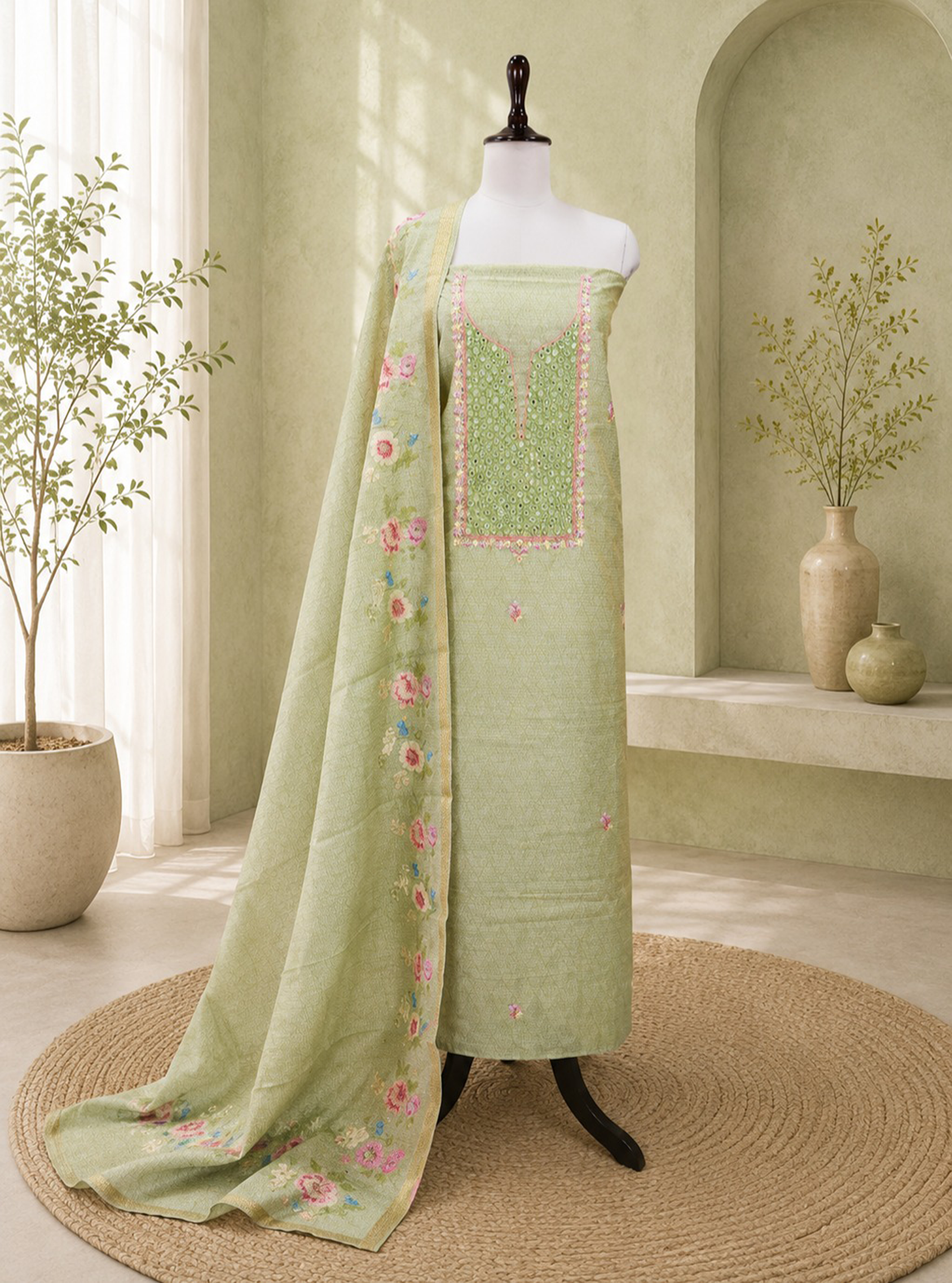 Olive Green Printed Hand Embroidery with Mirror Work Unstitched Suit