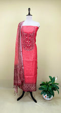 Red and Wine Bandhani Printed Chanderi Silk Hand Embroidered Unstitched Suit