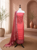 Red and Wine Bandhani Printed Chanderi Silk Hand Embroidered Unstitched Suit