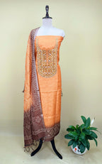 Orange and Brown Bandhani Printed Chanderi Silk Hand Embroidered Unstitched Suit