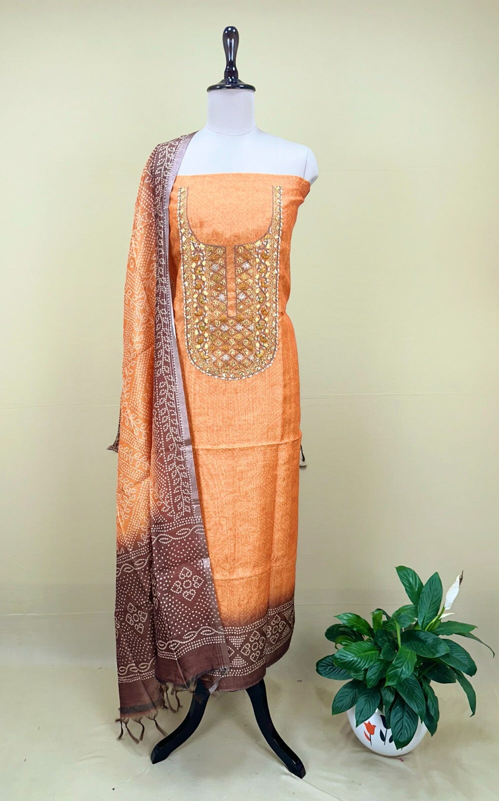 Orange and Brown Bandhani Printed Chanderi Silk Hand Embroidered Unstitched Suit