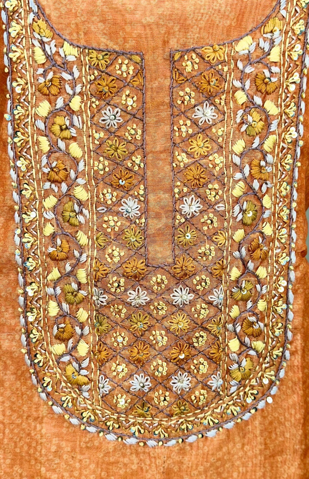 Orange and Brown Bandhani Printed Chanderi Silk Hand Embroidered Unstitched Suit