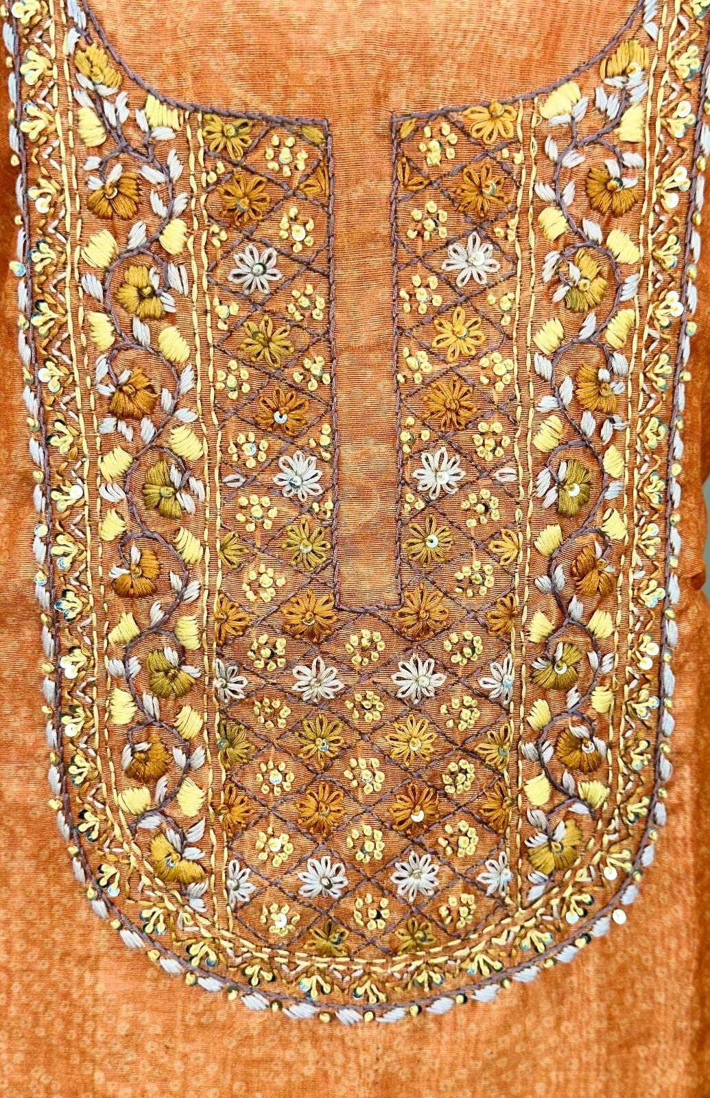 Orange and Brown Bandhani Printed Chanderi Silk Hand Embroidered Unstitched Suit