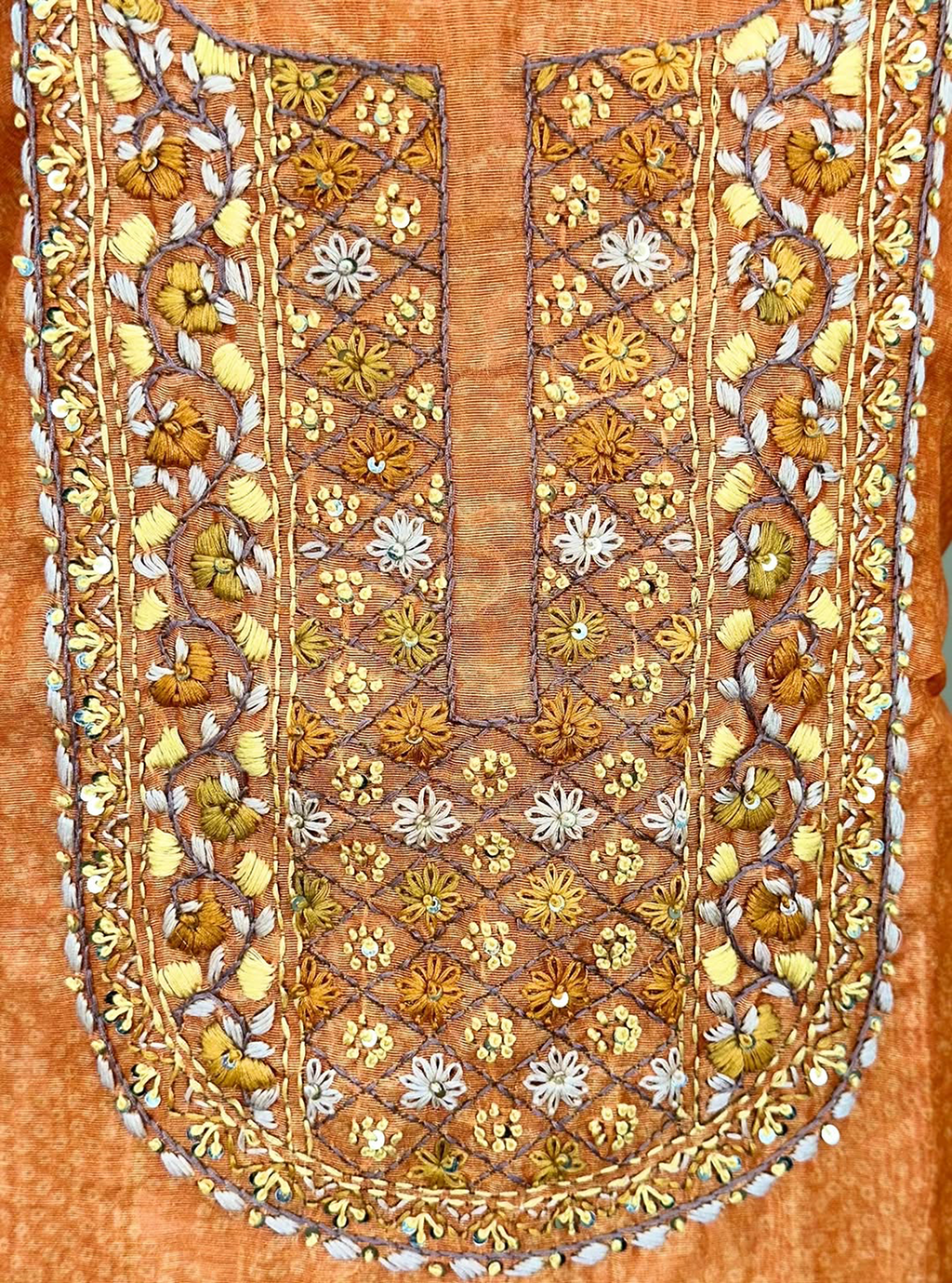 Orange and Brown Bandhani Printed Chanderi Silk Hand Embroidered Unstitched Suit